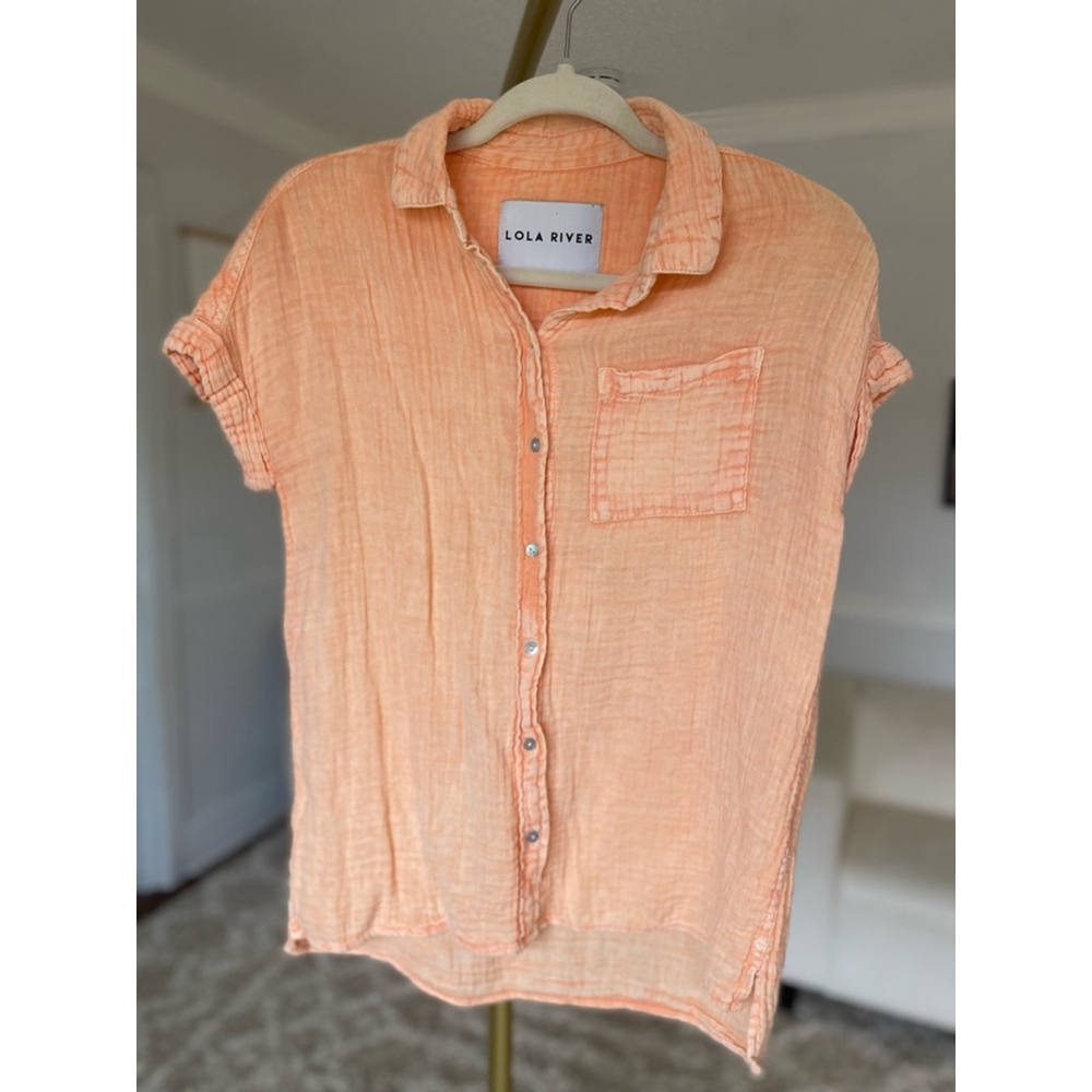 Lola River Gauze Peach Shirt Cotton Button Up Collared Beach Resort Coastal Boho - Picture 2 of 7
